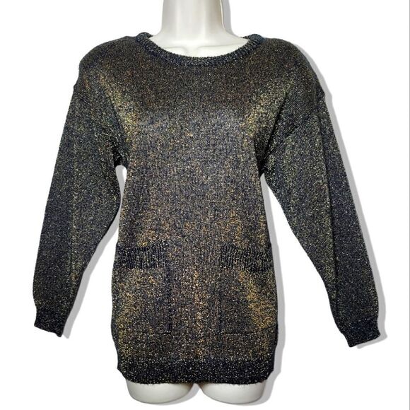 Carducci Sweater Ribbed Vintage Black & Gold Metallic Knit Scoop Neck - Picture 1 of 8